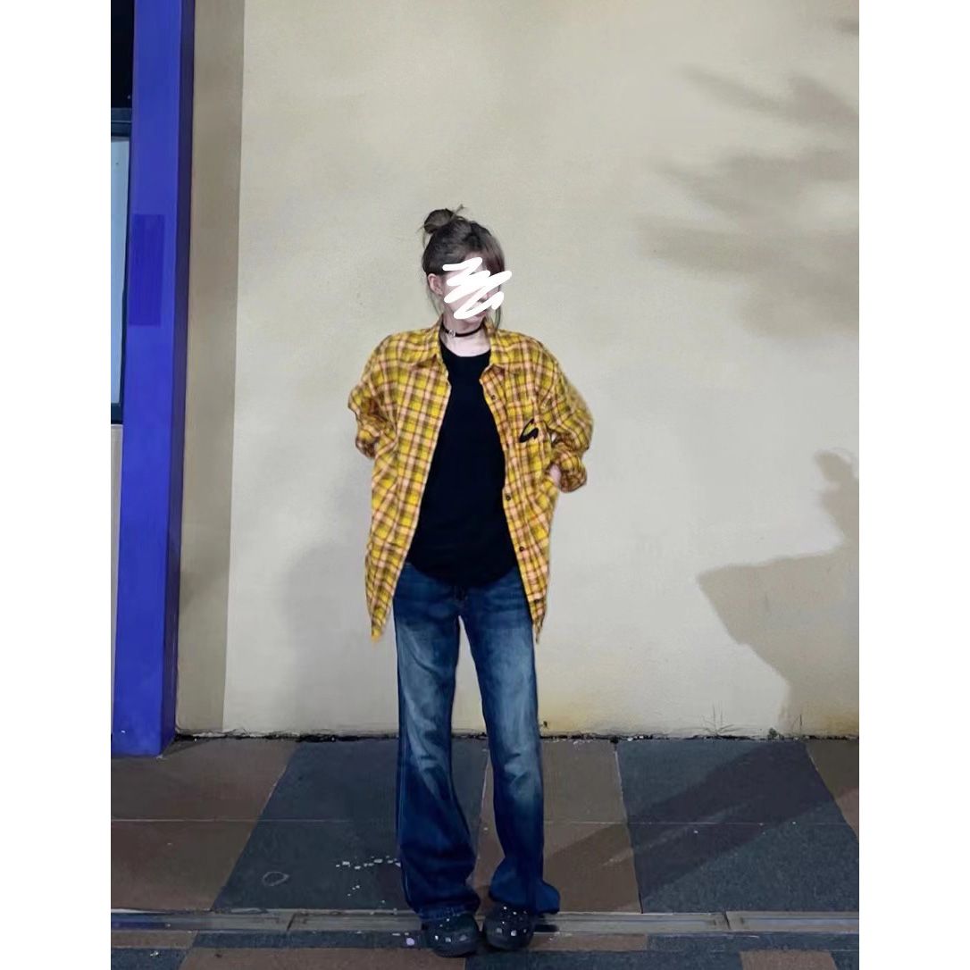 美式復古疊穿Polo領黃色格子襯衫女秋季慵懶寬鬆長袖格紋襯衣上衣