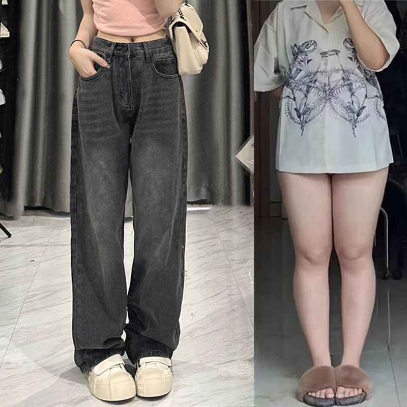 大碼胖mm黑灰色直筒牛仔褲女高腰秋冬復古寬鬆顯瘦梨形身材闊腿褲