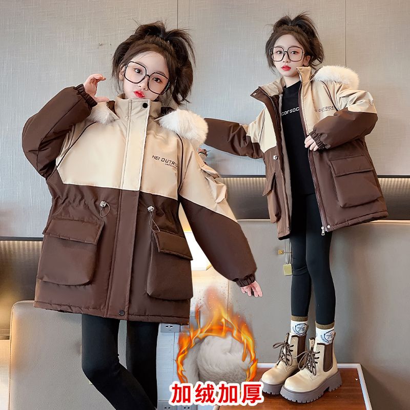 女童加絨外套新款冬裝中大童女孩洋氣棉服加厚冬款連帽派克服寬鬆