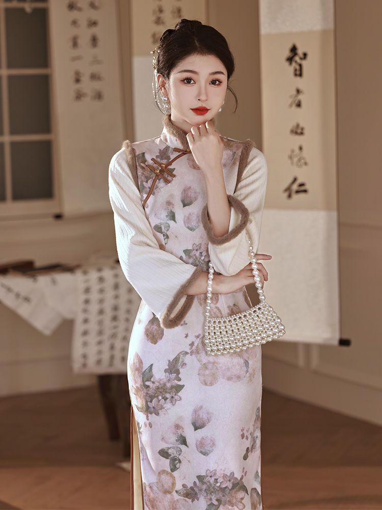麂皮絨旗袍2023新款加絨加厚保暖新中式唐裝復古民國日常茶服冬季