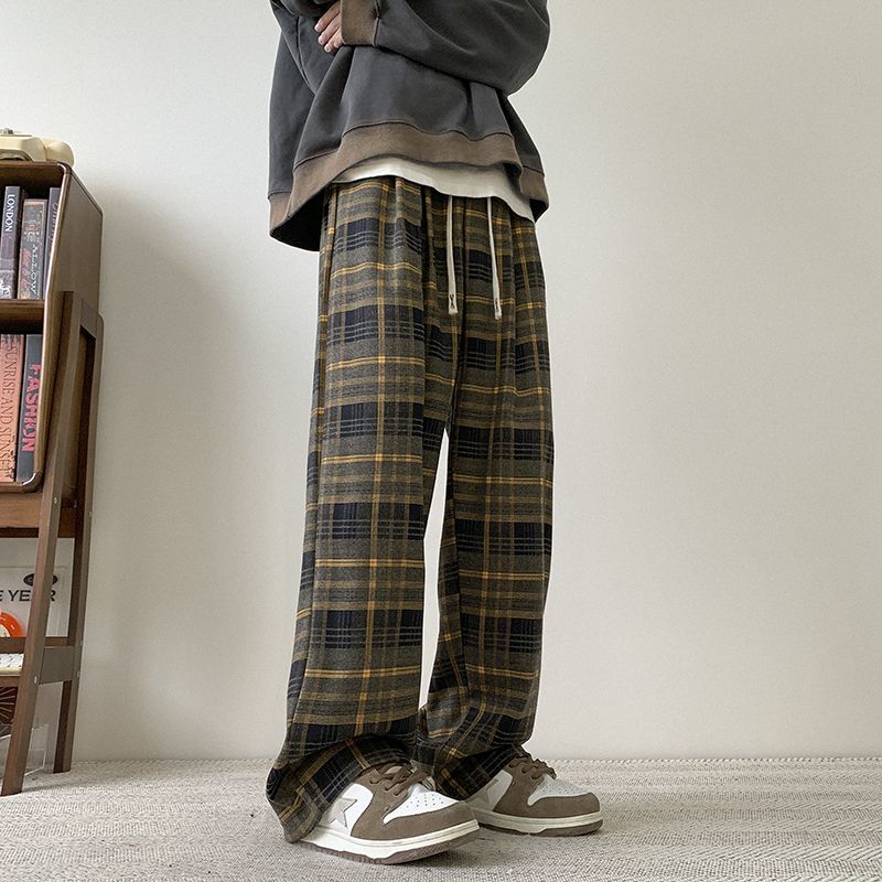 加绒加厚磨毛格子裤男冬季宽松直筒阔腿裤美式复古高级感休闲长裤