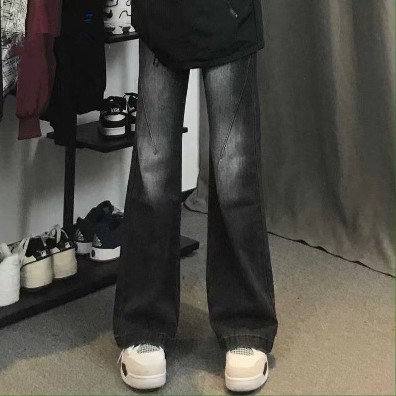 快手小白吖做舊水洗復古高級感顯高微喇牛仔褲男女寬鬆百搭長褲潮