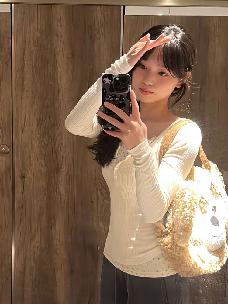 純欲碎花假兩件長袖T恤女秋冬內搭打底衫設計感辣妹緊身收腰上衣