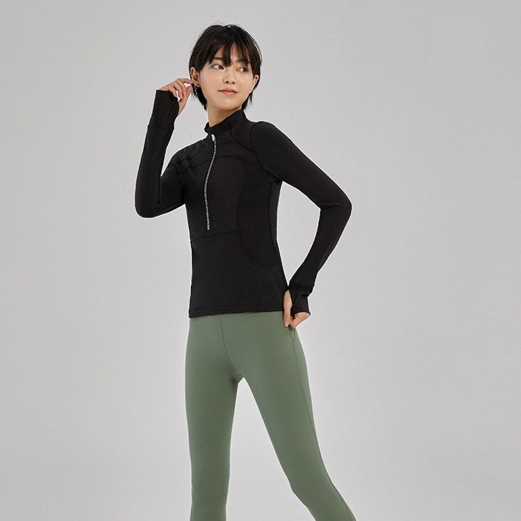 范斯蒂克运动上衣女半拉链长袖修身显瘦跑步瑜伽服跳操健身训练服