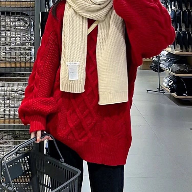 红色软糯慵懒本命年毛衣女秋冬新款打底内搭加厚新年圣诞上衣