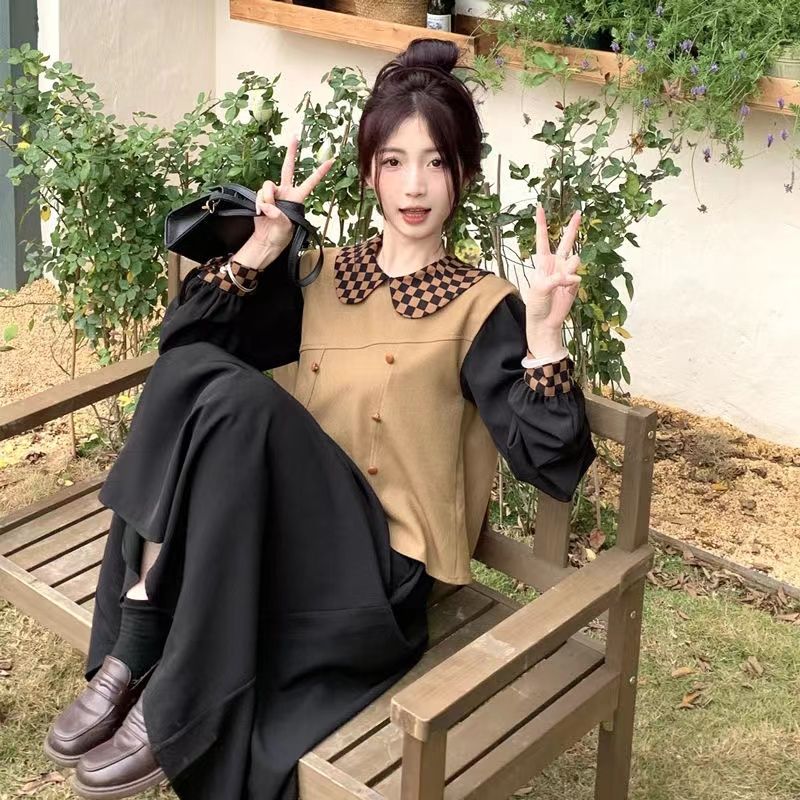 高級設計感假兩件大碼女裝收腰顯瘦早秋撞色拼接中長款氣質連衣裙
