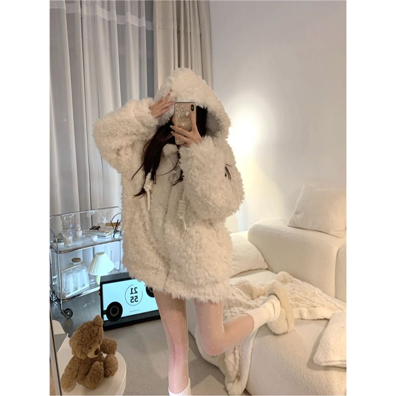 Sweet and cute eco-friendly lamb plush hooded coat for women winter lazy style thickened mid-length loose cotton coat