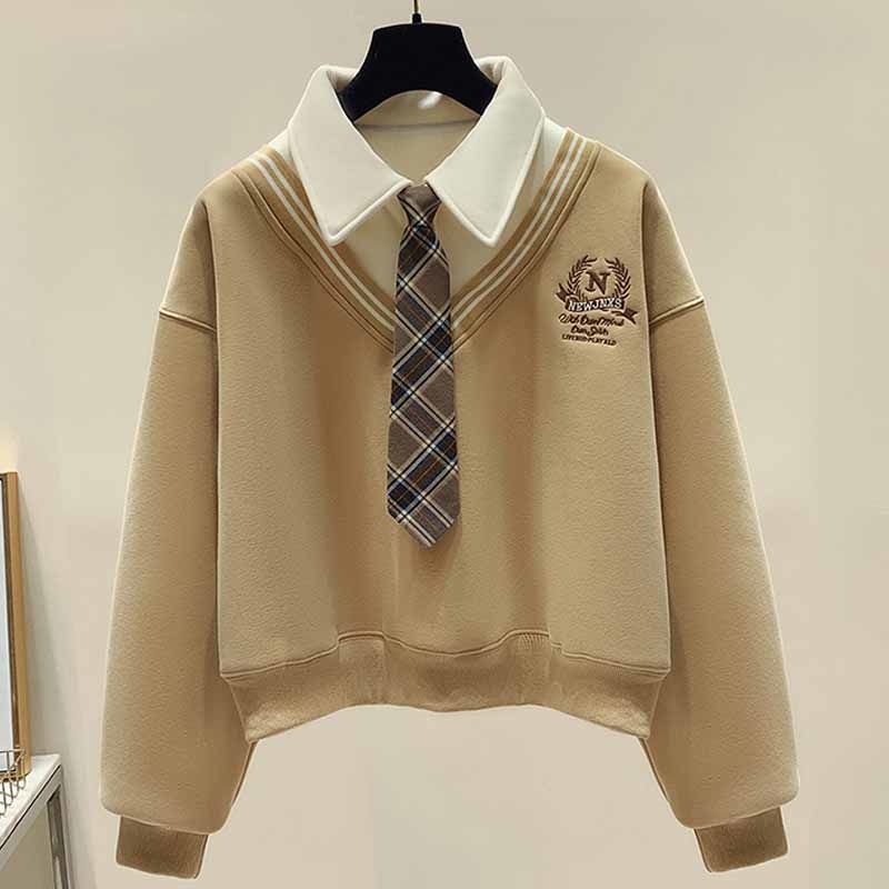 字母刺繡假兩件衛衣女2023新款秋冬加絨加厚學院風polo衫領帶外套
