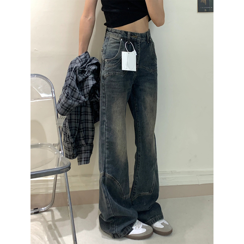 美式復古拼接加長微喇闊腿牛仔褲女秋冬新款高腰拖地設計感褲子潮