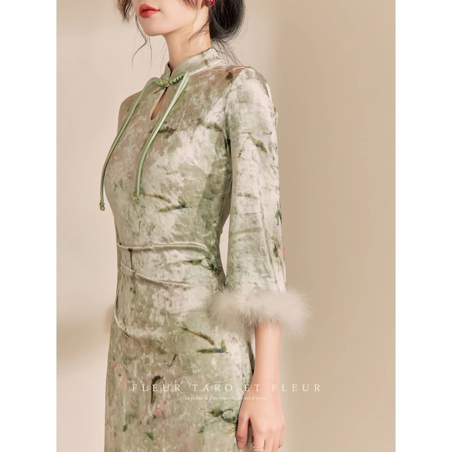 新中式复古国风毛毛袖子秋冬新款加绒加厚气质高级感改良旗袍