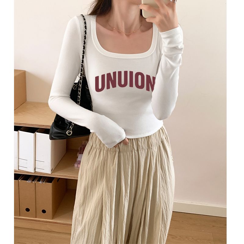 2023 pure lust style hottie square neck printed long-sleeved T-shirt autumn and winter high waist exposed navel inner wear slim short top