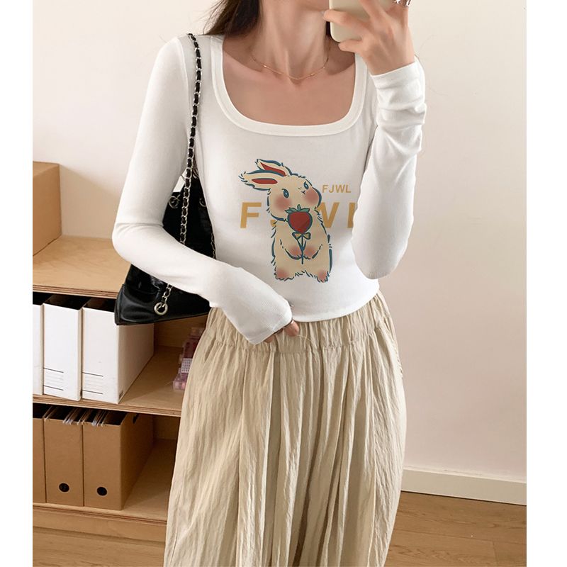 Square collar top women's white bottoming shirt with 2023 new spring, autumn and winter new fashionable printed long sleeves