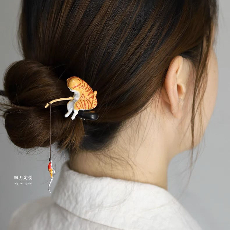 [Fishing Cat] Black Sandalwood Hairpin Niche Cute Girls Hair Accessories Bundled Hair Daily Simple Modern Girls
