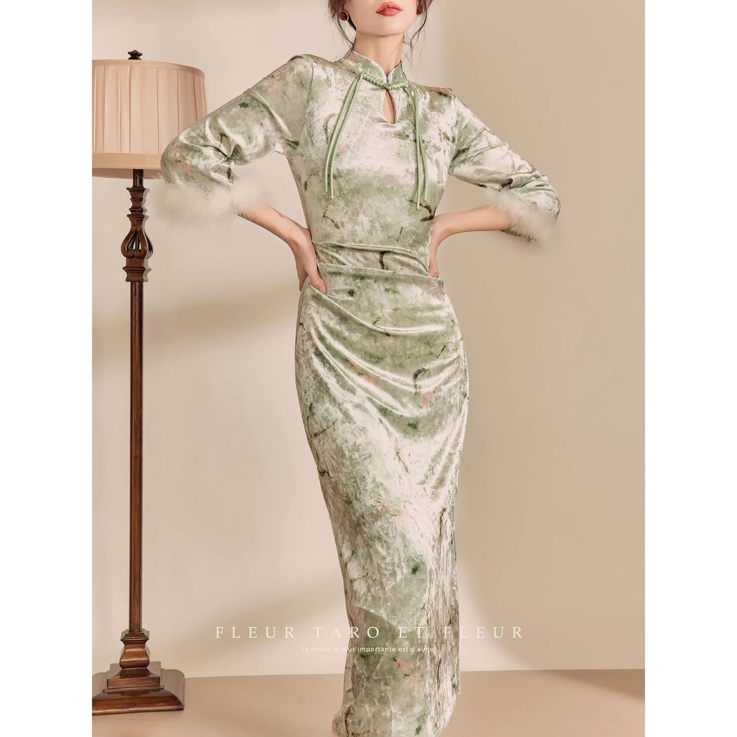 新中式复古国风毛毛袖子秋冬新款加绒加厚气质高级感改良旗袍