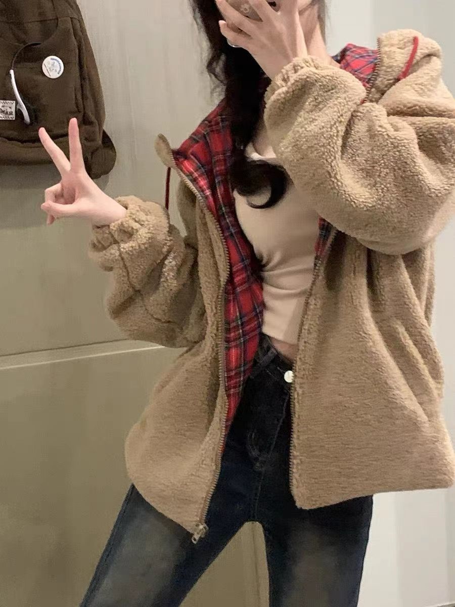 Lamb wool contrasting color plaid hooded cardigan sweatshirt 2023 autumn and winter new loose zipper jacket for women