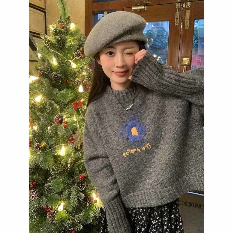 XJ家慵懶風甜美鈎花圓領針織毛衣女秋冬季新款高腰顯瘦