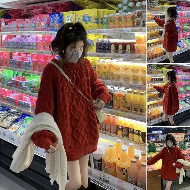 慵懶風復古圓領套頭麻花毛衣女秋冬聖誕紅寬鬆加厚保暖針織衫上衣
