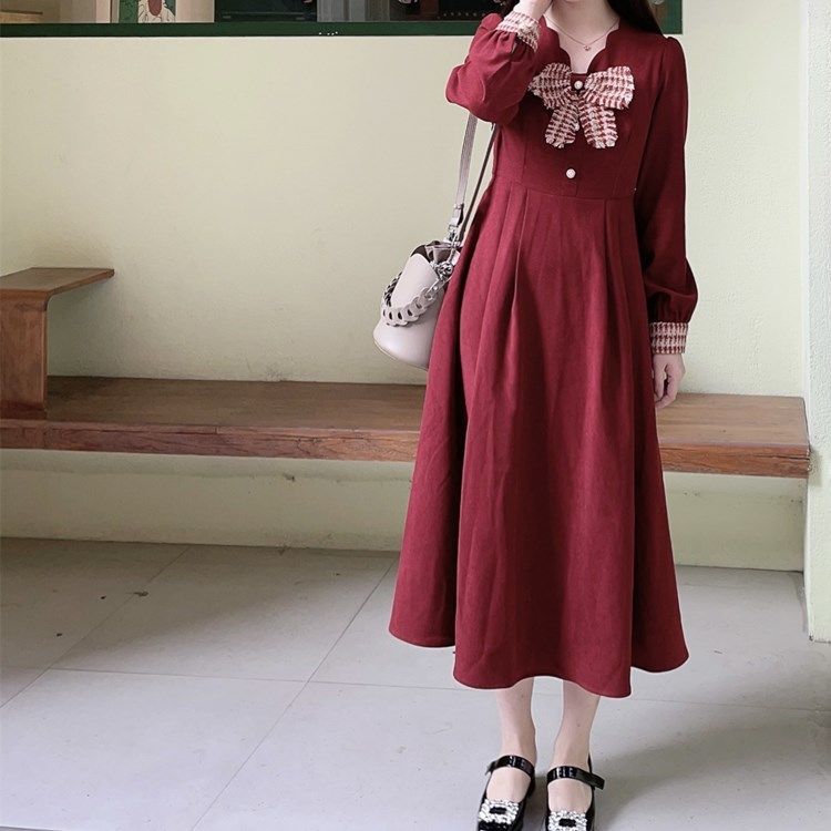 小香風高級感連衣裙甜美文藝復古紅色新年服女秋冬氛圍感新款