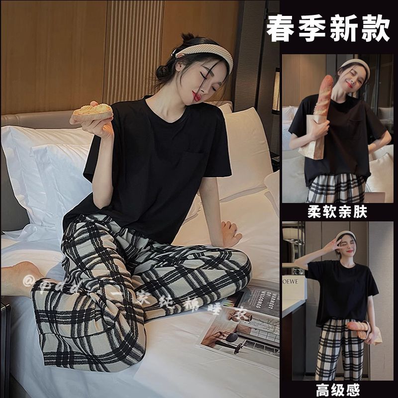2024春夏季新款ins睡衣女韓系短袖涼感休閒可外穿寬鬆家居服套裝