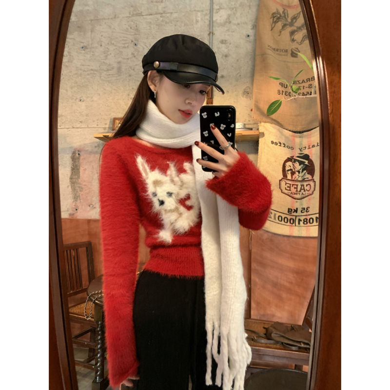 聖誕洋氣可愛提花短款毛衣女冬季2023新款仿水貂毛軟糯針織衫上衣