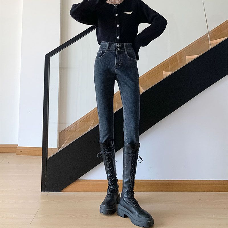 高腰百搭顯瘦鉛筆褲雙扣彈力小腳牛仔褲女2023秋新款梨形身材外穿