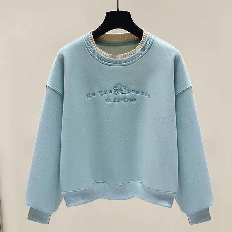 假兩件加絨加厚衛衣女2023秋冬寬鬆小個子字母刺繡簡約保暖上衣潮