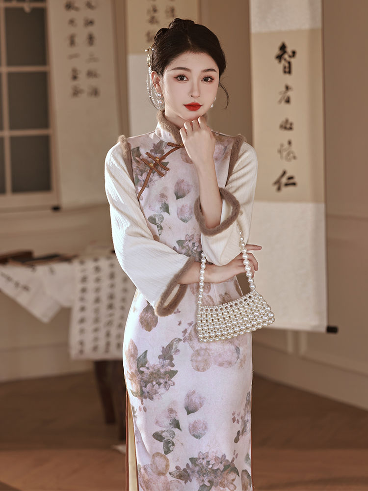 麂皮絨旗袍2023新款加絨加厚保暖新中式唐裝復古民國日常茶服冬季