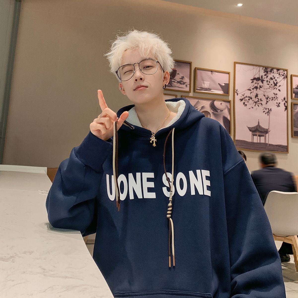 Lamb fleece hooded sweatshirt for men in autumn and winter Hong Kong style heavy letter jacket American trendy brand loose thickened top