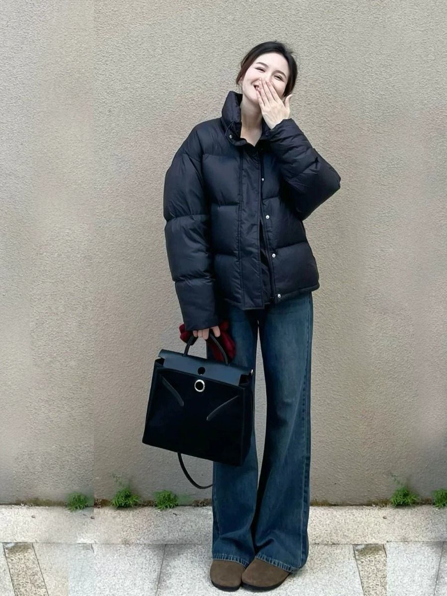 黑色短款羽绒服女小个子2023冬季新韩版加厚宽松白鸭绒面包服外套