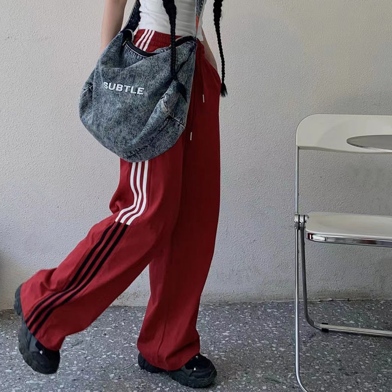 美式hiphop炸街褲子女春秋ins高街條紋闊腿褲寬鬆休閒運動長褲潮