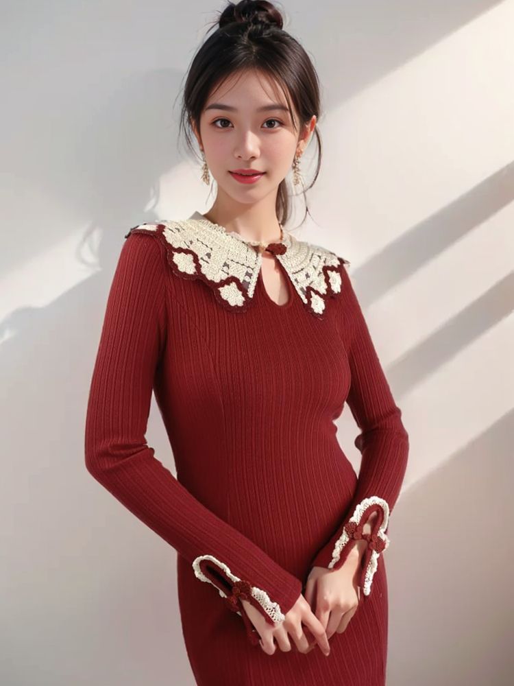 新中式改良旗袍魚尾裙2023秋冬內搭紅色針織連衣裙打底毛衣長裙子