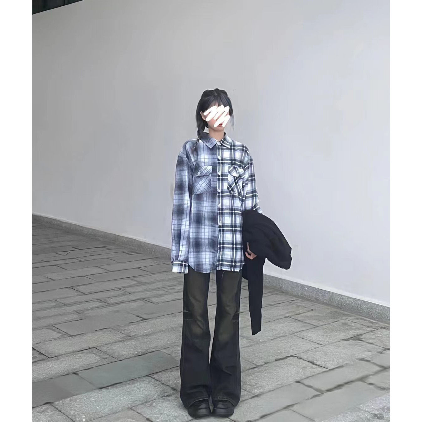 美式高街國潮拼接長袖格子襯衫女秋季設計感毛邊寬鬆情侶襯衣外套