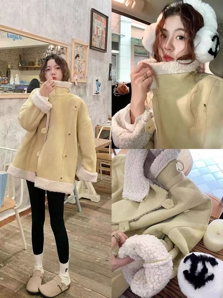 皮毛一體麂皮羊羔毛絨外套女冬季2023新款韓系小個子加厚機車服潮