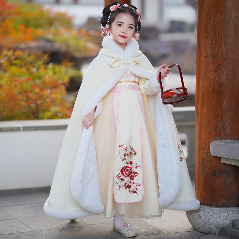 拜年服女童加絨加厚冬款古裝漢服新款中國風冬季兒童唐裝連衣裙冬