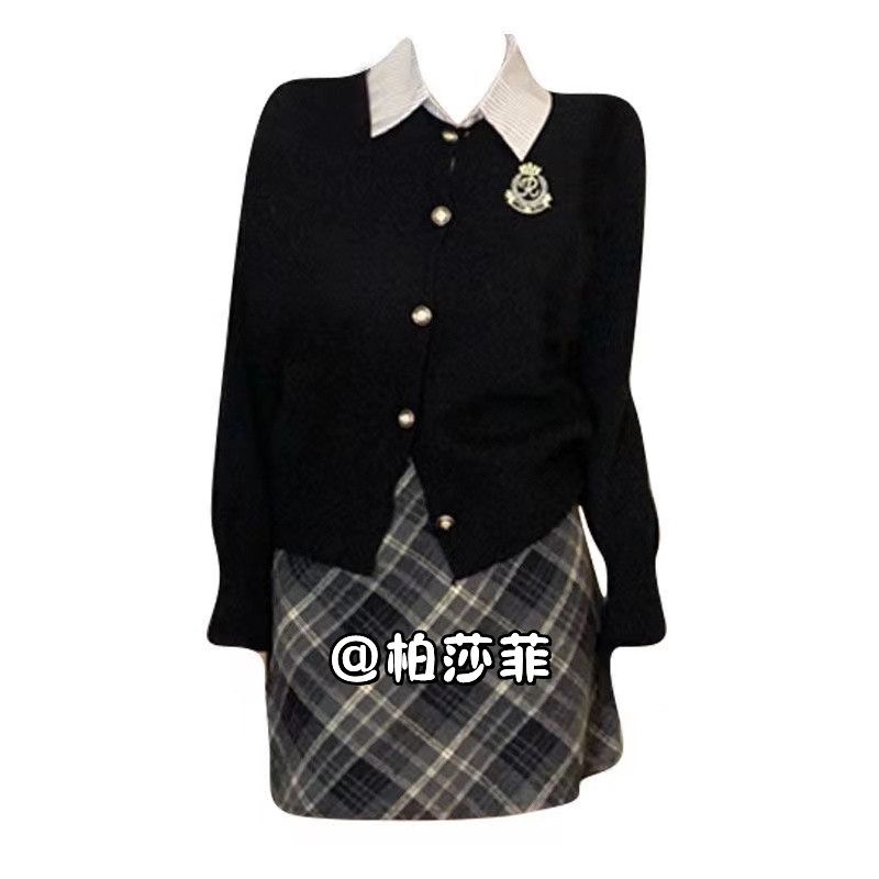 大碼胖MM美式學院風套裝假兩件針織衫上衣秋冬顯瘦格紋短裙兩件套