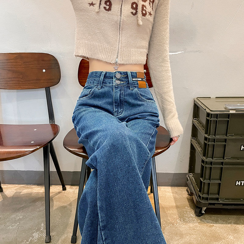 寬鬆高腰闊腿牛仔褲女裝2023設計感拖地褲新款直筒顯瘦復古藍色