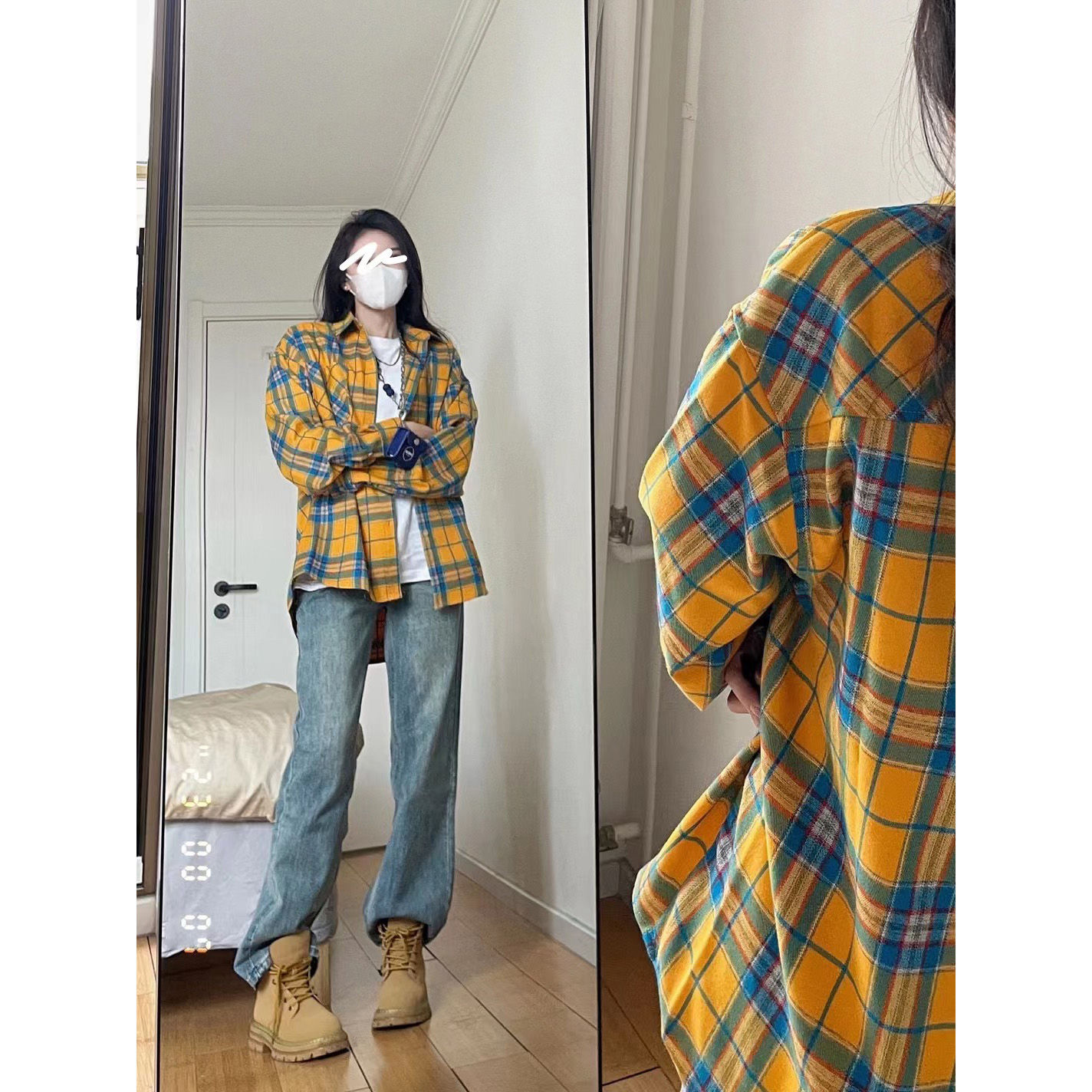美式復古黃色格子bf休閒長袖襯衫女秋冬新款寬鬆情侶百搭襯衣外套