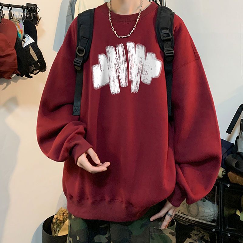 oversize美式重磅酒紅色衛衣男生秋季上衣潮流百搭寬鬆長袖無帽衫
