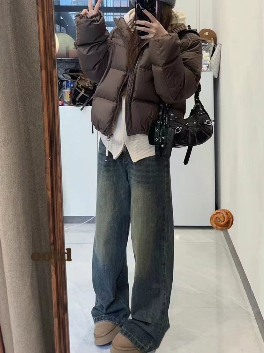 潮牌做舊水洗闊腿牛仔褲女秋冬新款高腰寬鬆高腰垂感直筒拖地長褲