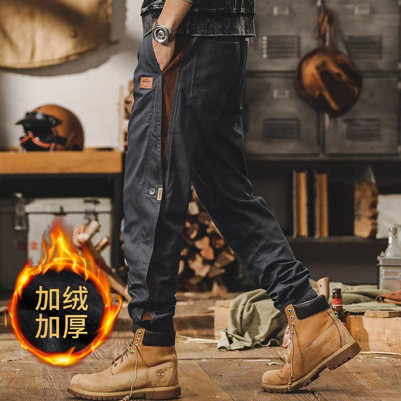 美式秋冬款加厚加絨工裝褲子男潮牌復古寬鬆束腳褲拼接時尚休閒褲