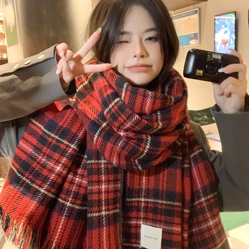 紅色聖誕圍巾女冬季2023新款格子護頸圍脖保暖百搭學生韓系高級感