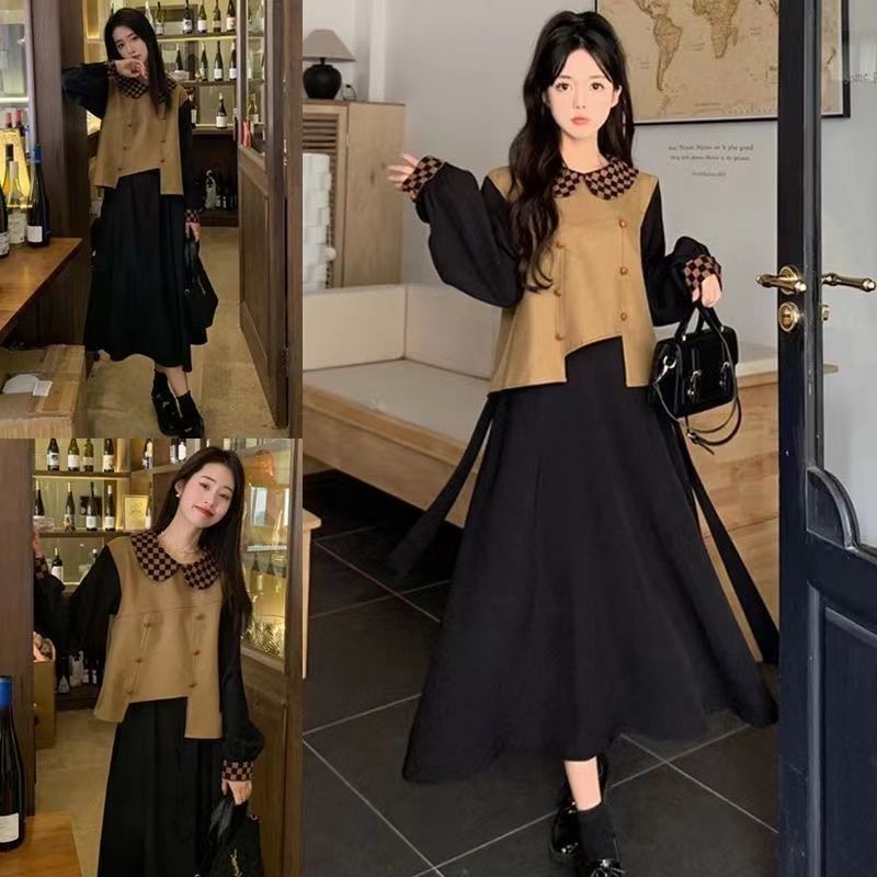 大碼女裝法式小眾設計感長袖連衣裙季冬新款拼色假兩件氣質裙子潮