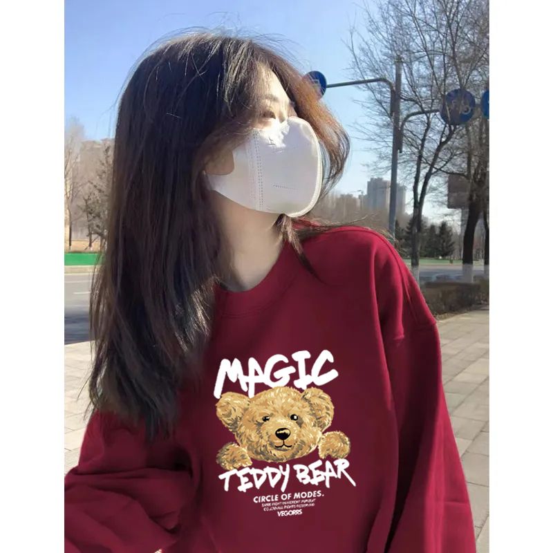紅色加絨圓領衛衣女春秋款百搭oversize小個子美式復古印花上衣潮