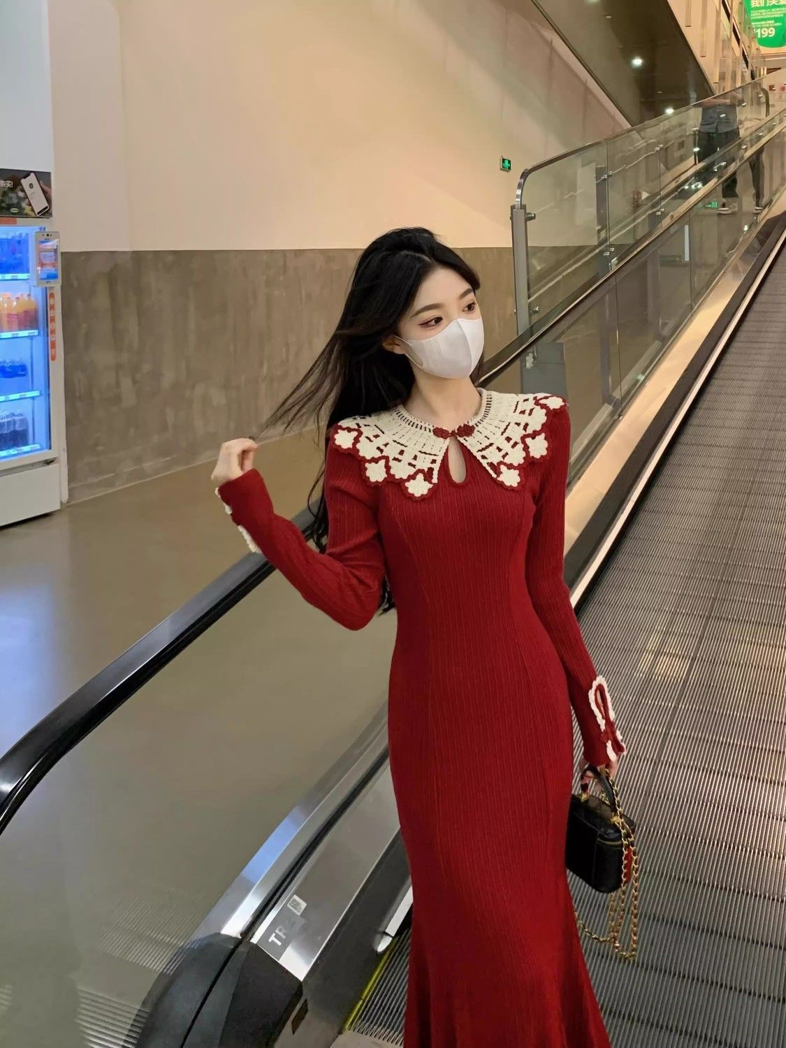 紅色改良旗袍針織毛衣連衣裙內搭打底魚尾長裙秋冬新款女士慵懶風