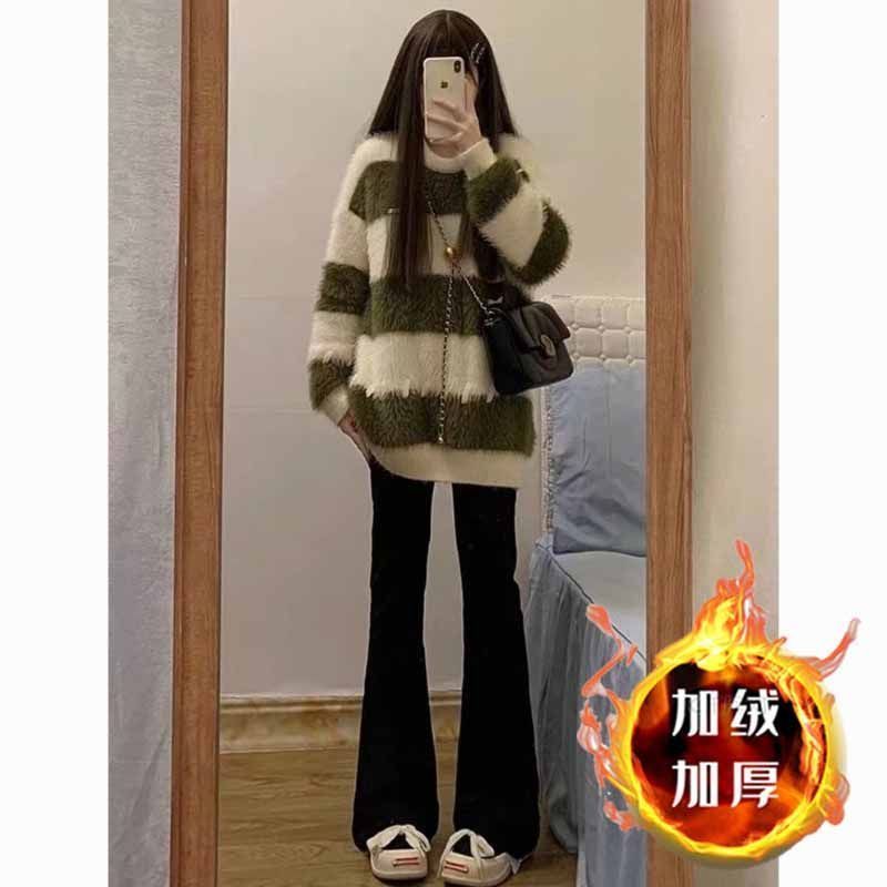 黑色加絨加厚微喇叭牛仔褲女秋冬彈力高腰修身顯瘦馬蹄褲拖地褲子