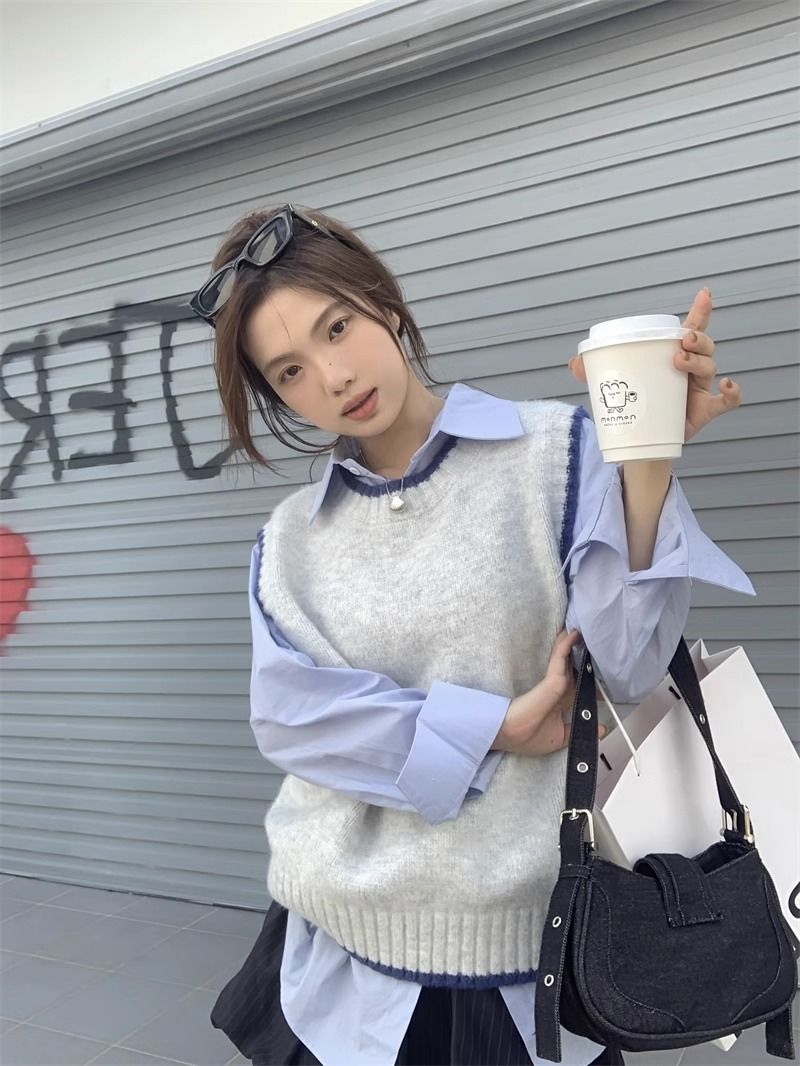 藍色襯衫+無袖毛衣馬甲背心兩件套女秋冬寬鬆減齡針織衫襯衣套裝