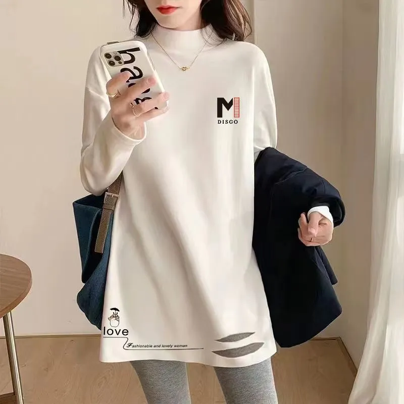 純棉韓系半高領打底衫女秋冬時尚洋氣百搭加絨中長款長袖破洞上衣