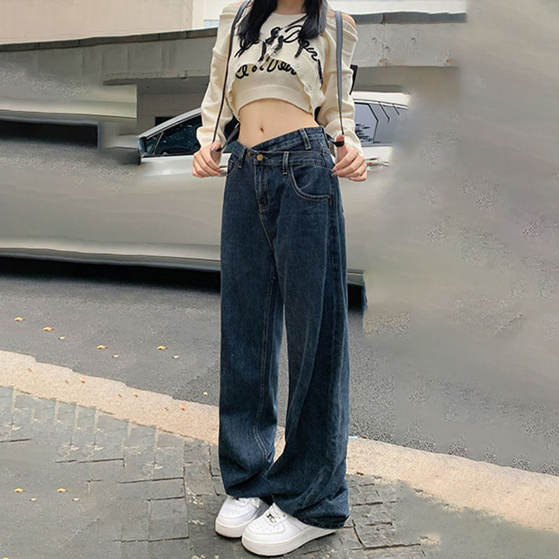 美式設計感闊腿牛仔褲女2023秋冬新款辣妹高腰直筒寬鬆遮跨拖地褲