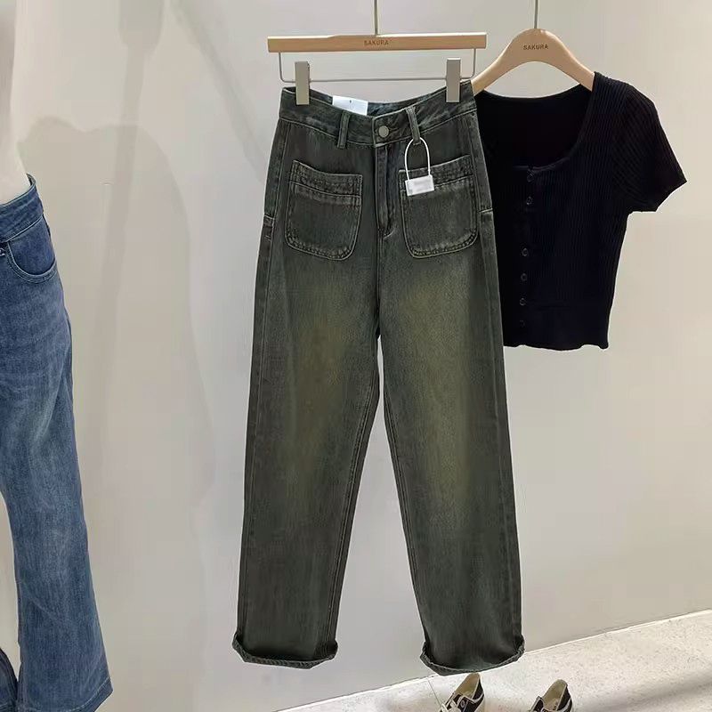 復古高腰港風直筒牛仔褲女秋冬新款vibe寬鬆顯瘦拖地垂感闊腿褲潮