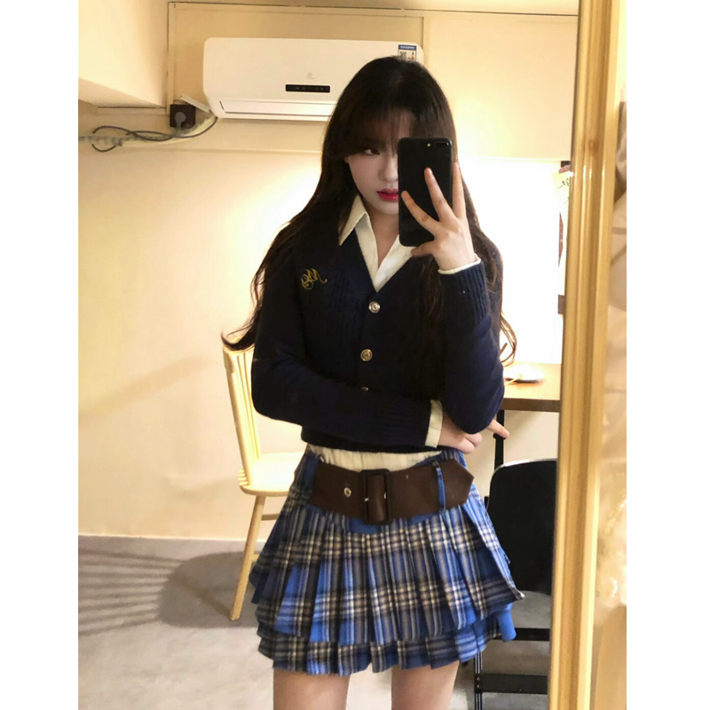 套裝女2023冬新款韓系學院風V領修身短款毛衣開衫襯衫高腰半身裙